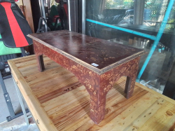 Vintage Chinese Low Tea Table, Brick Red Lacquer Fortune Longevity Deity Inlay  Graphic Low Kang Table. W.31 L.68 H.27 Cm.