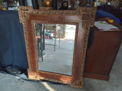 Antique style Heavy Rectangular Mirror with a thick Ornate, Reddish- Brown and Gold-toned Gesso Frame. W.85 H.105 Cm.