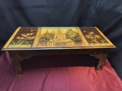 Vintage  Thai Hand Painted Low Pray Table, Depicts a seating Buddha, Flanked by panels, with lift up top drawer. W.30 L.68 H.23 Cm.