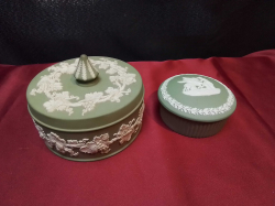 A Large Round Green Jasperware Trinket Pot and A Small one.
