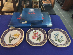 3 Spode Hand Painted Cabinet Plates of Flowers with Blue and Gold Border W.22 Cm. with original Boxes. 