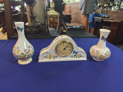 An Aynsly Cottage Garden Clock W.20 H.11 Cm.and 2 Vases H.9 Cm.