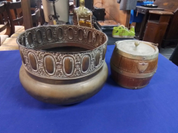 A Copper and Brass Jardinig and Oak Biscuit Barrot. 