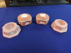 A Pair of Wedgwood Pink Salts and A Pair of  Wedgwood Crimson Heart Shaped Trinket Boxes 2 Rare Colours.