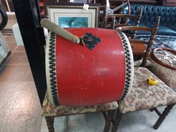 A vintage Oriental ceremony drum with a stick. W.45 H.43 Cm. 