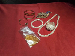 5 Vietnam Sand Gold Necklaces, 3 Bracelets, a  Peacock Brooch and Pearl set of 3