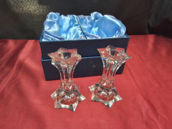 A Pair of Waterford Crystal Candle Sticks in box. A/F. W.9 H.11 Cm.