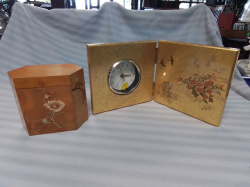 A Lovely Inlaid Chinese Wood Box in Hexagonal Shape. W.10 L.16 H.14 Cm. And Inlaid Japanese Clock.