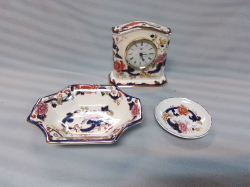 A Masons Mandalay Small Clock W.14 H.13 Cm., Vase and Pin Dish.