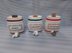 3 Small Pottary Barrels Marked Port, Sherry and Scotch. W.11 H.13  Cm.