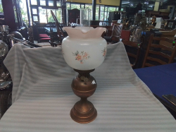 A Nice Brass Oil Lamp Complete with Floral Shade. W.15 H.53 Cm.