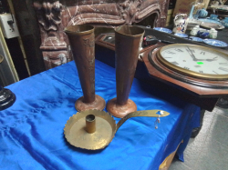 A Pair of Art Noveau Copper Vases H.28 Cm. And A Copper Arts & Crafts Candle Pan.