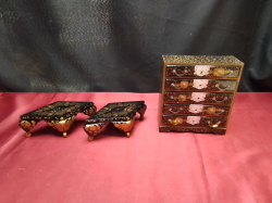 A Korean Miniature Jewelry Chest of Drawers.W.13 D.5 H.15  Cm.with 2 Small Jewelry Stands. 