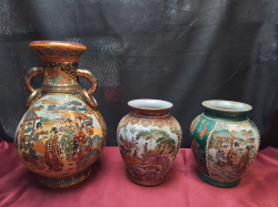 A Hand Painted of 3 Satsuma Vases. Small W.14 H.19 Cm.
Large  W.19 H.31 Cm.
