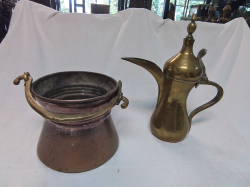 A Copper Arabian Coffee Pot an and A Swing Handle Bowl. W.15 H.16 Cm. 