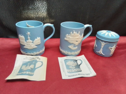 2 Wedgwood Blue Mugs and A Round Trinket Dish.
