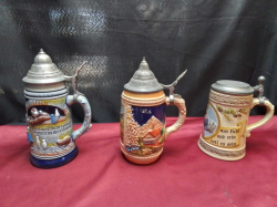 3 Pewter Lidded Beer Steins from Germany.