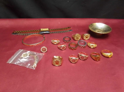 14 Gold Plated Rings and 4 Bracelets and Gold Plated Small tray. 