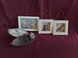 A Fibre Fishing Boat By A Rock  And Wall Plaques.L.19 H.13