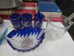 A Lovely Set Of Blue Glass Swedish and Crystal Ice Bucket. 
