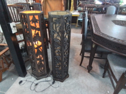 A Pair of Hand Carved Wooden Lamps. W.25 H.103 Cm.