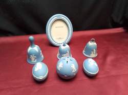 7 Pieces of Blue Wedgwood  Jasperware including 2 Bells and an Unusual Photo Frame.