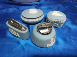 2 Wedgwood Lighters and 2 Nice Blue Jasperware Lidded Pots. 