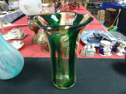 A large beautiful heavy handmade Murano Decorative style emerald green vase. W.24 H.35 Cm.