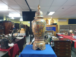 A very large very decorative  Satsuma vase with  stand and cover hand painted and decorated  with  enameled decoration. W.37 H.138 Cm.