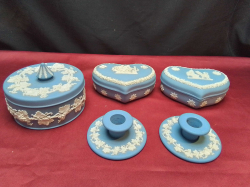 2 Heart Shaped Triket Boxes 1 Large Round Lidded Bowl and A Pair of Candlesticks in Wedgwood Blue Jasperware.