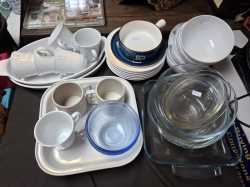 A Selection of white cups , dishes, and Pyrex glass 