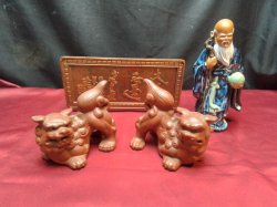 4 Chinese Items, 2 Foo Dogs, A Figurine and a Heavy Plaque. 