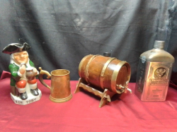 4 Pub Memorabilia Items, Wooden Barrel, 2 Jugs and a Bottle in tin case. 
