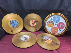 Set of 5, Center wall Hanging Record Disc Clock, and 4 Gold Disc L/Ps, all working. 