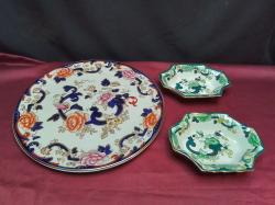 A Very Large Masons Mandalay Plate W.31 Cm.and 2 small Chartreuse Dishes. 