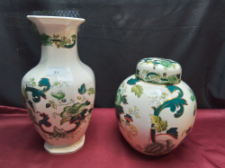 A Very La4ge Masons Chartreuse Ginger Jar with Lid H.24 Cm. and A Large Vase H.30 Cm (in same Pattern) 