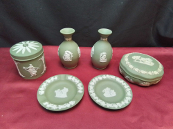 6 Pieces of Green Wedgwood  ( 1 Lid damaged) 