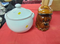 A Very Large White Pottery Soup Tureen. W.24 H.25 Cm. and Treacle Glazed Ceramic Droopy Dog with lid.