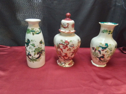 3 Masons Vase 2 in Chartreuse Pattern  (1 Lided Vase in Red Mandalay) (A/F)