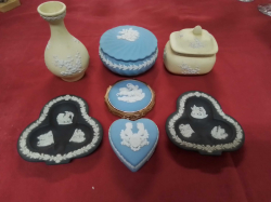 7 Pieces of Wedgwood 2 Rare Pieces of Yellow Jasperware 2 Black Fin Trays And A light blue compact.