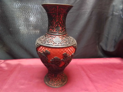 Antique Chinese black red carved cinnabar lacquer vase. W.16 H.31 Cm. 