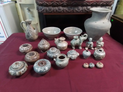 Southeast Asian Pottery Collection
A curated group of 21 ceramic objects, including jars, bowls, covered boxes, and sculptural forms.
Stoneware and earthenware with natural aging. Private Southeast Asian collection.