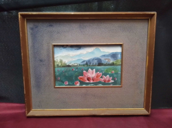 Vintage Pink Lotus Flowers on a Lake Oil Painting, In Wooden frame 32x40 Cm.
