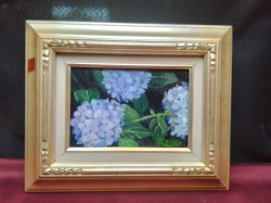 Oil Painting of Hydrangeas, in Gold Gilt Frame. 32x38 Cm.