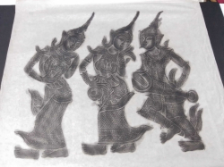 Vintage Buddhist Ramakien Thai Temple Musicians on Rice Paper Rubbings.55x60 Cm.