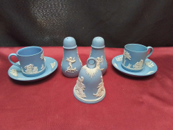 7 Pieces of Pale Blue Wedgwood including 2 Coffee Caps&Saucers and salt and bell.