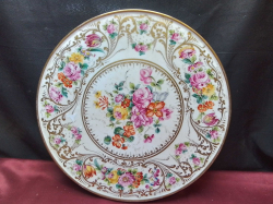 A Large Hand Painted Centre Plate (Minor damage to base) Probably French. W.39 Cm.