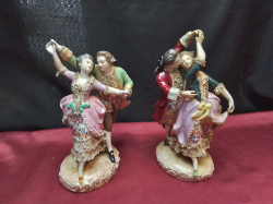 A Beautiful Pair of 19th Century Figures Probably German Sitzendorf of 2 Dancing Couples with some Lace Decoration and Lovely Coloration Gold Anchor Marks for Chelsea. W.12 H.15 Cm. 