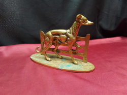 A Heavy Brass Model of A Dog next to A Gate. L.21 H.15 Cm.