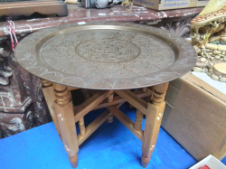 A Small Brass Indian Plate  W.35 Cm. With Folding Table. 
